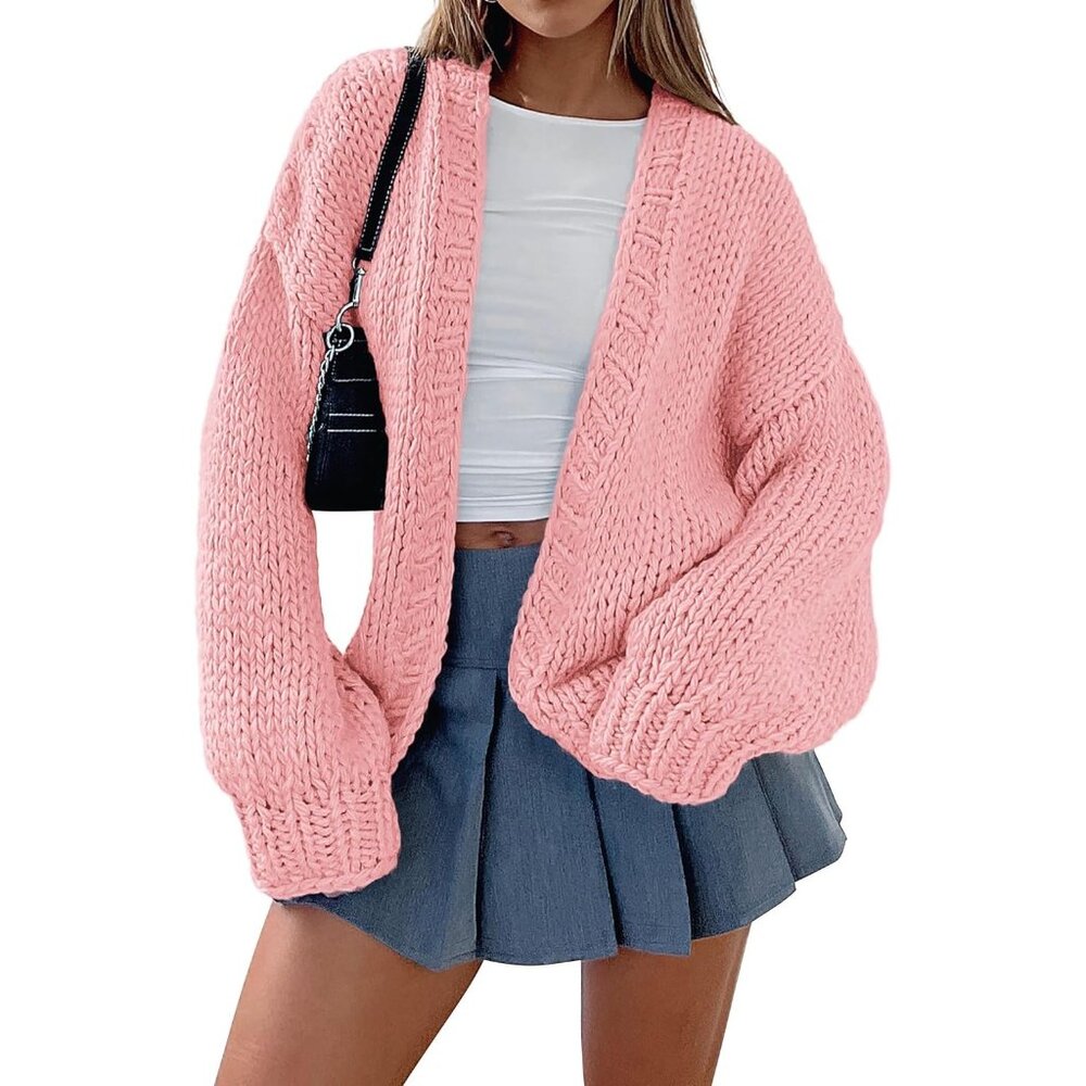 Womens Trendy Cardigan Sweaters Pink Long Sleeve Chunky Knit Outfits